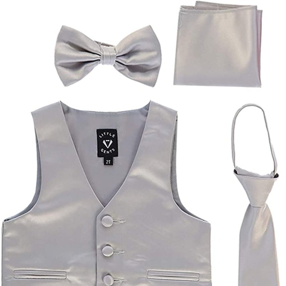NEW Little Gents Boys Vest w/Zipper Tie, Bowtie & Hanky - 4 Piece Formal